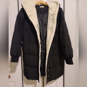 Shop Stevie Sherpa Fleece Lined Long Hooded Black Puffer Jacket Women's L